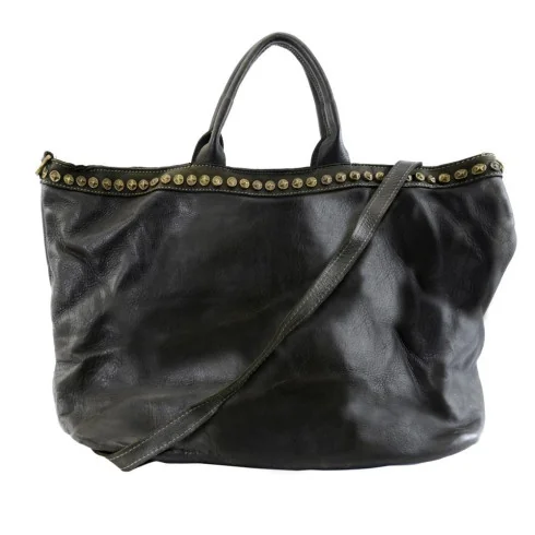 Sac cabas sac shopping mode femme en cuir pleine fleur souple délavé porté main avec bandoulière amovible ajustable gris foncé