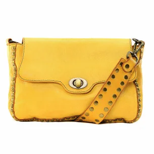 Mini sac à main en cuir femme souple vintage pur de vachette porté épaule avec bandouliere jaune