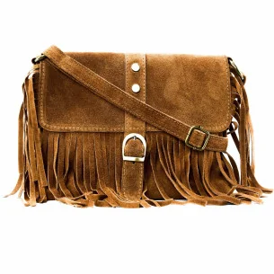 Sac à main femme tendance en cuir nubuck italien porté épaule de travers et bandoulière cognac