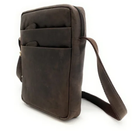 Sac sacoche tendance homme en cuir used look porté bandoulière ou de travers marron foncé