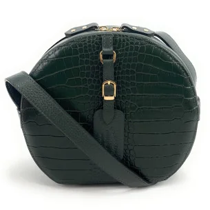 Sac femme mode en cuir à motif et cuir grainé porté de travers avec bandoulière vert sapin foncé sac rond très tendance