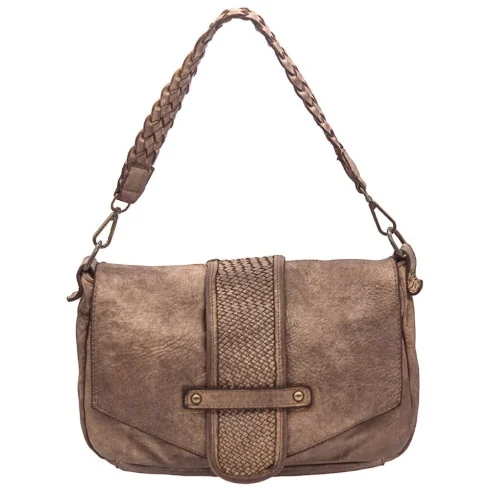 Sac a main baguette mode femme porté épaule en cuir vintage souple délavé irisé avec bandoulière amovible et reglable taupe