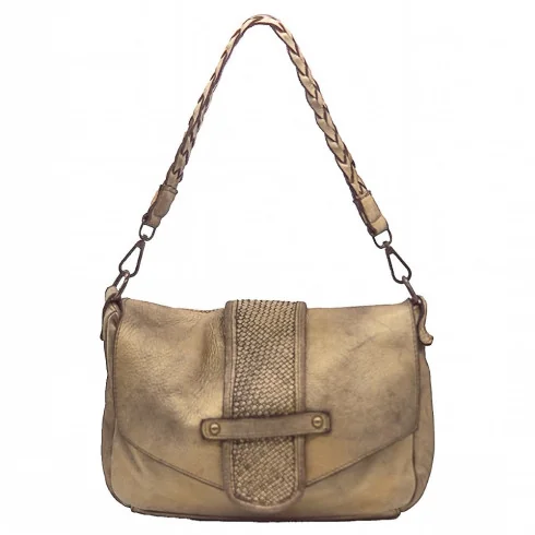 Sac a main baguette mode femme porté épaule en cuir vintage souple délavé irisé avec bandoulière amovible et reglable taupe