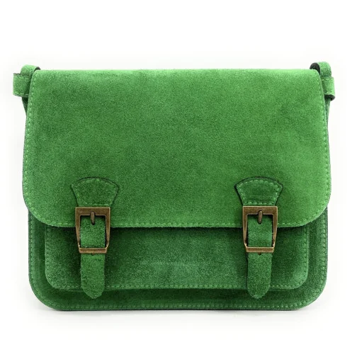 Sac cartable tendance femme en cuir italien nubuck porté épaule et bandoulière vert sapin