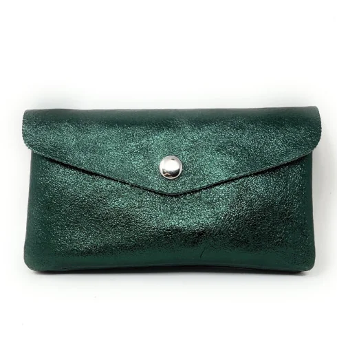 Pochette porte-monnaie cuir brillant superbe pur de vachette pour femme fabriqué en Italie vert sapin