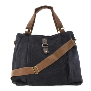 Sac week-end mode femme en cuir et toile porté épaule avec bandoulière ajustable noir sac tendance