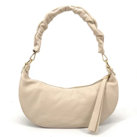 Sac à main hobo femme tendance en cuir grainé porté épaule ou bandoulière beige