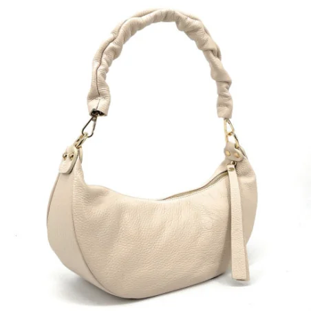 Sac hobo tendance femme en cuir grainé italien porté épaule beige