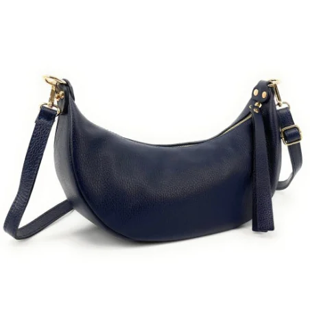 Sac à main hobo pour femme en cuir de vachette bleu foncé porté épaule avec bandoulière