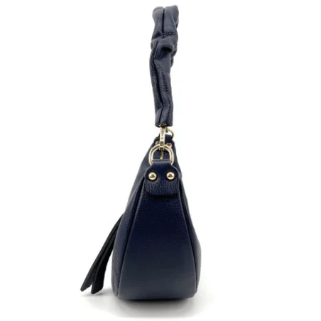 Sac à main hobo pour femme en cuir grainé italien bleu foncé porté épaule ou bandoulière