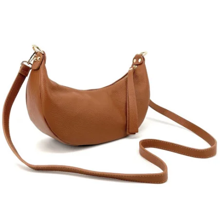 Sac à main hobo en cuir pur de vachette italien femme avec bandoulière camel foncé