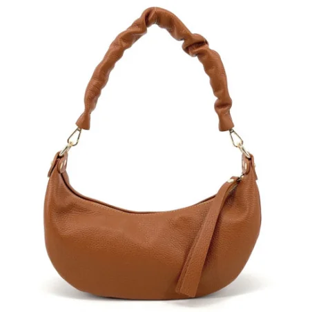 Sac pour femme en cuir grainé italien forme hobo haut de gamme camel foncé porté épaule