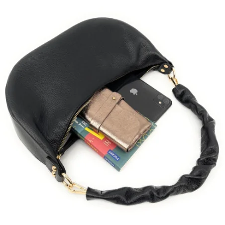 Sac baguette noir forme hobo femme en cuir italien porté épaule