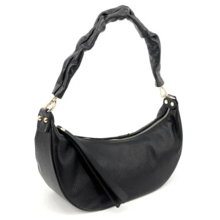 Sac à main noir forme hobo pour femme en cuir de vachette porté épaule avec bandoulière