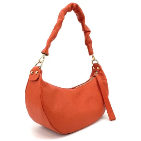 Sac en cuir grainé forme baguette pour femme porté épaule orange fabriqué en Italie