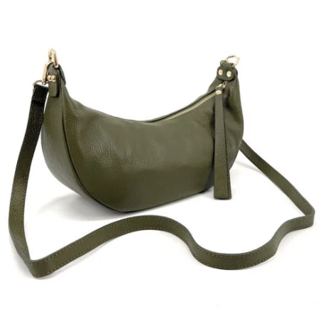 Sac à main femme forme hobo en cuir grainé italien couleur kaki porté épaule ou bandoulière