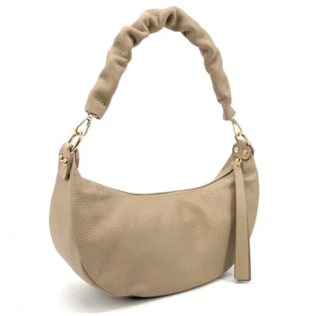 Sac en cuir grainé forme hobo femme taupe clair avec bandoulière fabriqué en Italie