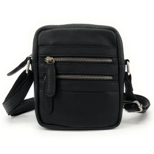 Mini sac sacoche homme tendance en cuir lisse italien porté épaule croisé et ceinture noir