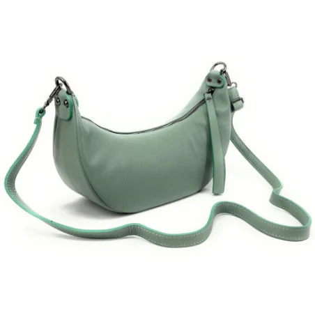 Sac en cuir grainé type baguette pour femme porté épaule avec bandoulière vert d'eau fabriqué en Italie