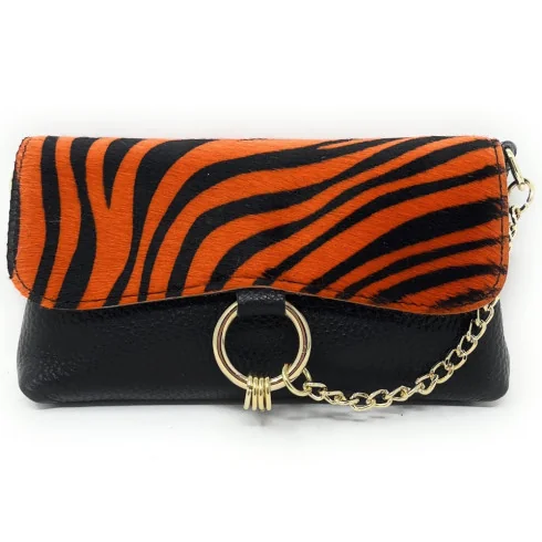 Mini sac pochette tendance femme en cuir italien grainé et cuir à motif animaux porté épaule et de travers ocelot nude