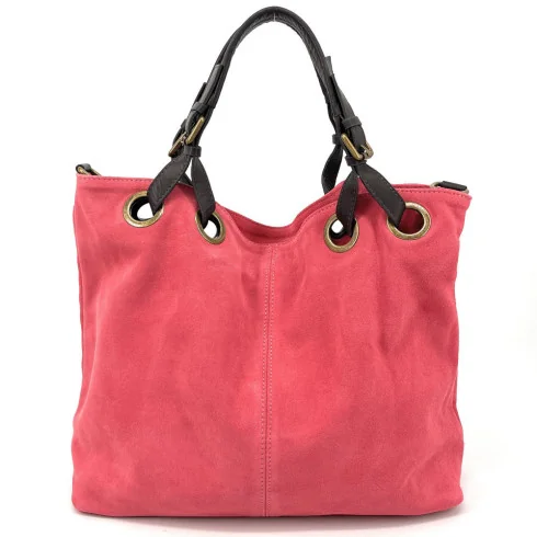 Sac à main cabas femme tendance en cuir italien nubuck porté main épaule et bandoulière rouge clair