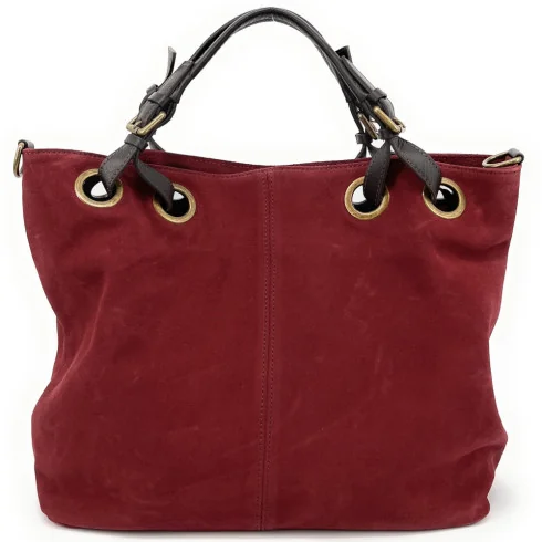 Sac à main cabas femme tendance en cuir italien nubuck porté main épaule et bandoulière rouge clair