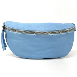 Sac banane en cuir pleine fleur souple délavé pur vachette haut de gamme bleu ciel porté taille avec bandoulière