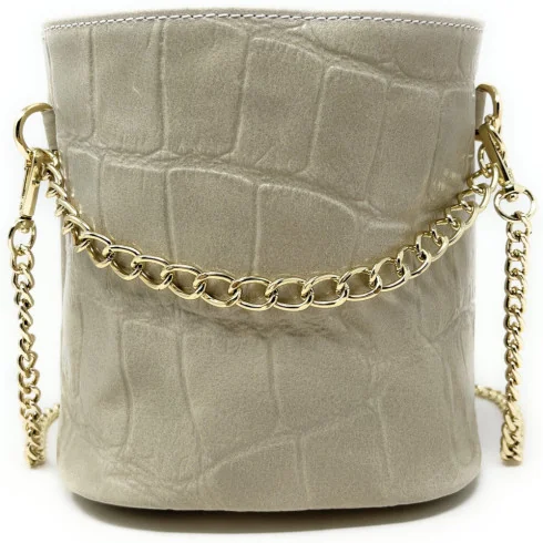 Sac seau femme tendance en cuir satiné motif croco porté main épaule de travers et bandoulière taupe foncé