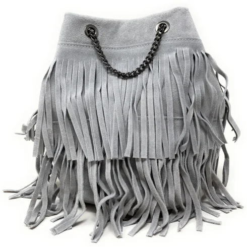 Sac à main à frange tendance femme en cuir nubuck porté main épaule et bandoulière croisé gris clair