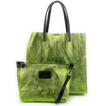 Sac à main femme tendance en cuir métallisé porté main épaule et bandoulière vert anis irisé