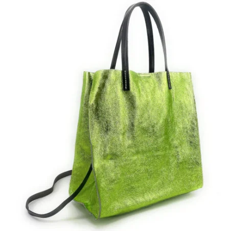 Sac femme tendance en cuir métallisé italien porté épaule avec bandoulière amovible vert anis irisé