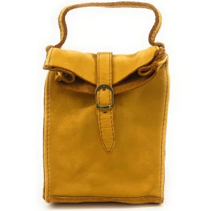 Petit sac pochette à bandoulière femme en cuir souple délavé pur de vachette jaune moutarde