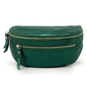 Sac banane tendance femme en cuir irisé porté de travers avec bandoulière réglable vert sapin irisé