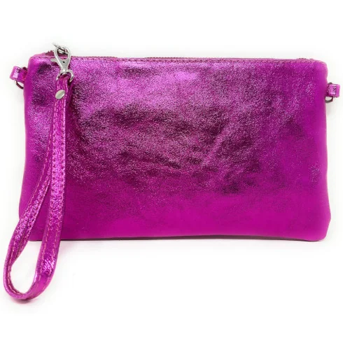 Sac pochette tendance femme en cuir italien pur cuir de vachette porté de travers et main rouge irisé