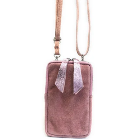 Sac très tendance femme en cuir italien nubuck porté bandoulière ou tour du cou rose clair