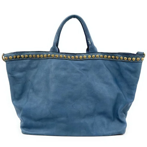 Sac cabas sac shopping mode femme en cuir pleine fleur souple délavé porté main avec bandoulière amovible ajustable bleu denim