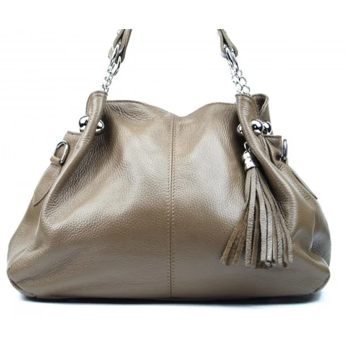 Sac à main mode femme en cuir grainé porté épaule et bandoulière taupe foncé sac trapèze tendance