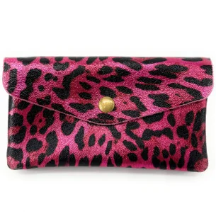 Pochette en cuir d'exception brillant pour femme pur vachette fabriqué en Italie imprimé léopard fuchsia