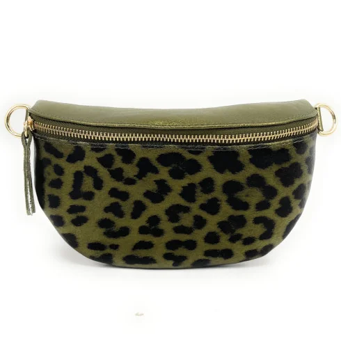 sac banane tendance femme en cuir brillant imprimé léopard vert foncé