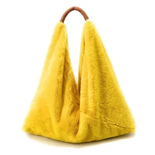 Grand sac fluffy femme forme hobo tissu peluche et cuir fabriqué en Italie jaune poussin