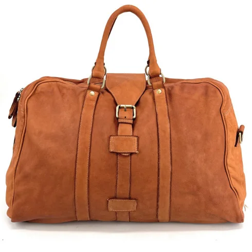 Sac italien en cuir souple délavé pur de vachette pour voyage couleur chocolat avec bandoulière amovible