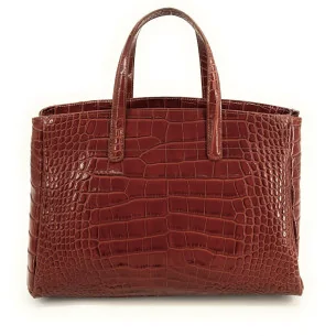 Sac cabas tendance pour femme en cuir verni embossé croco pur de vachette porté main cognac foncé