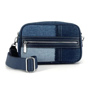 Sac bandoulière type trotteur pour femme en patchwork de denim navy