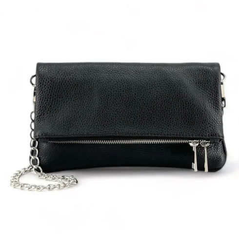 Sac pochette noir à bandoulière en cuir pur vachette métallisé femme