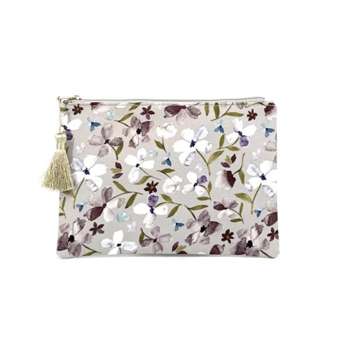 Trousse vegan pour femme en coton imprimé fleur gris