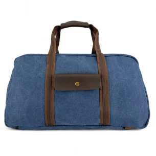 Grand sac week-end élégant avec bandoulière en toile et cuir bleu denim