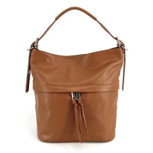 Sac à main seau pour femme en cuir grainé de vachette fabriqué en Italie camel foncé