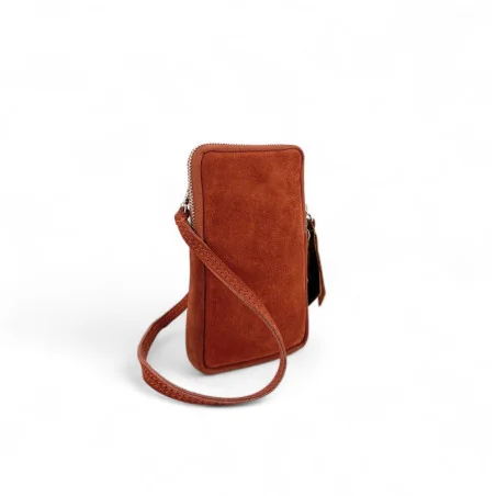 Porte-monnaie pochette tour de cou en cuir daim nubuck rouge avec bandoulière amovible