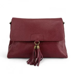 sac bandoulière femme en cuir pur de vachette italien rouge foncé grainé