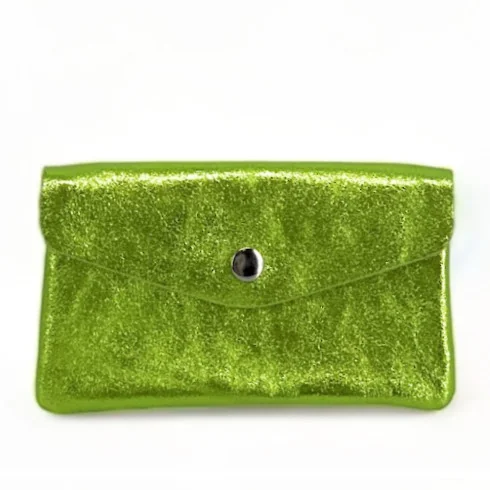 Pochette porte-monnaie cuir brillant superbe pur de vachette pour femme fabriqué en Italie vert sapin